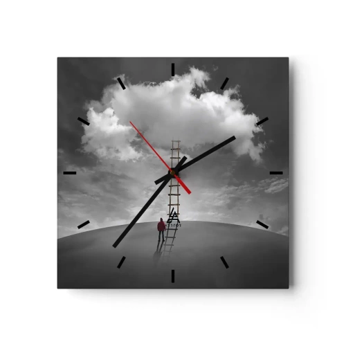 Reloj de pared - Reloj de vidrio - Una persona con un abrigo rojo y una escalera que conduce a una nube. - 30x30cm - Todo es posible - Decoración de pared moderna para salón y dormitorio ARTTOR