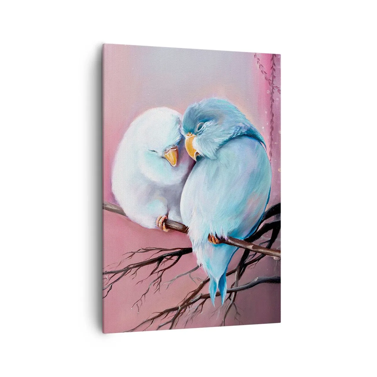 Cuadro sobre lienzo - Impresión de Imagen - Dos pájaros enamorados en una rama sobre un fondo rosa. - 70x100cm - Qué añadir aquí... - Decoración de pared moderna para salón y dormitorio ARTTOR