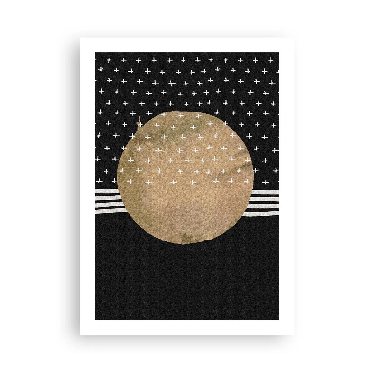 Póster - Bola dorada abstracta sobre un fondo negro con patrones - 50x70cm - Composición: bandera de la galaxia - Decoración de pared moderna para salón y dormitorio ARTTOR