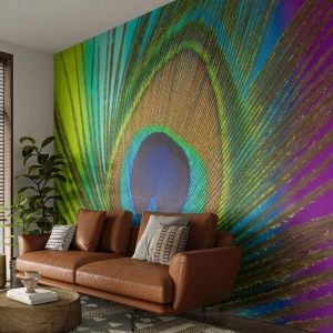 Fotomural Premium Canvas - Primer plano de una pluma de pavo real con colores vivos. - 100x70cm - Cara a cara - Decoración de pared moderna para salón y dormitorio ARTTOR