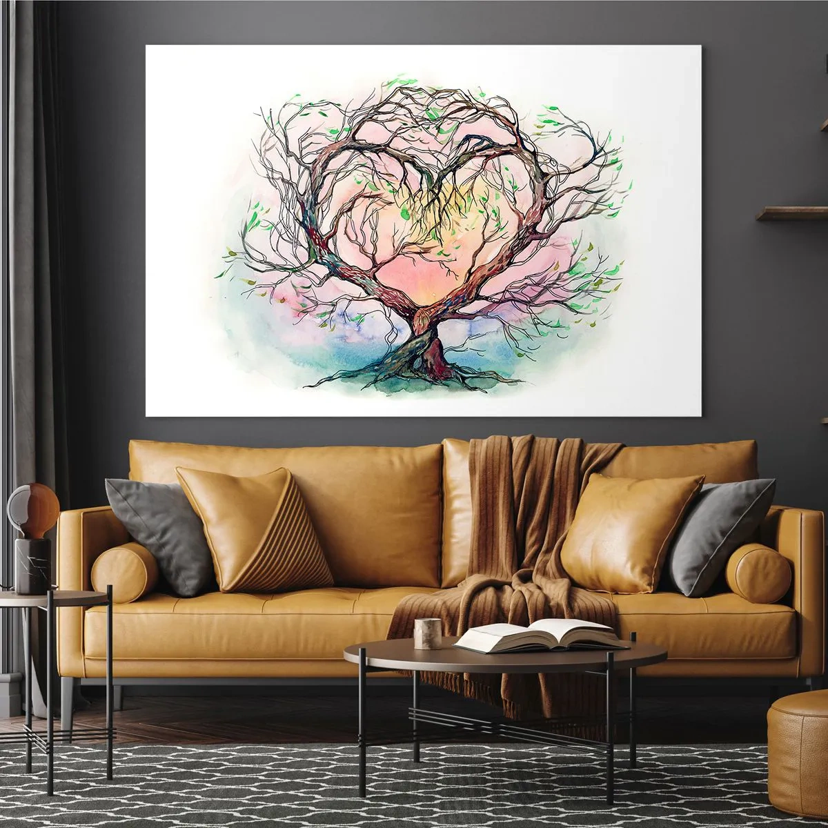 Cuadro sobre vidrio - Impresiones sobre Vidrio - Un árbol en forma de corazón con un fondo colorido y pastel. - 70x50cm - Juntos contra los vientos - Decoración de pared moderna para salón y dormitorio ARTTOR