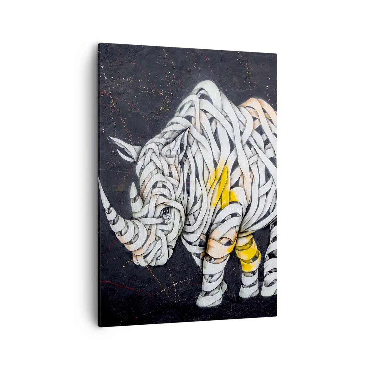 Cuadro sobre lienzo - Impresión de Imagen - Un rinoceronte tallado con rayas abstractas sobre un fondo oscuro. - 50x70cm - El mito de la momia rinoceronte - Decoración de pared moderna para salón y dormitorio ARTTOR