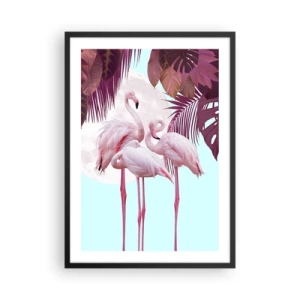 Póster en marco negro - Flamencos sobre un fondo de follaje tropical y una luna llena. - 50x70cm - La grandeza de las aves - Decoración de pared moderna para salón y dormitorio ARTTOR