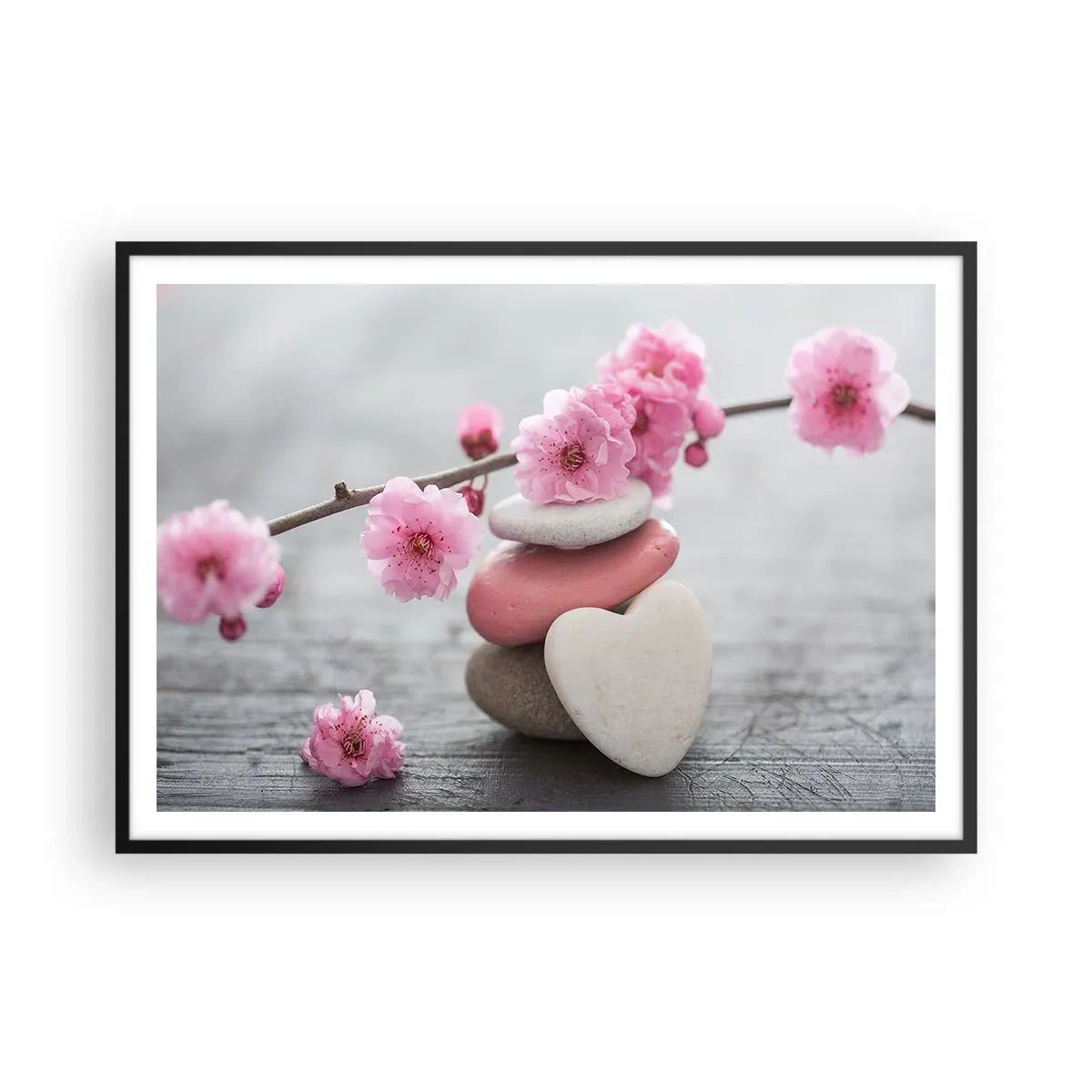 Póster en marco negro - Delicadas flores de cerezo con piedras en forma de corazón. - 100x70cm - Felicidad con la flor del cerezo - Decoración de pared moderna para salón y dormitorio ARTTOR