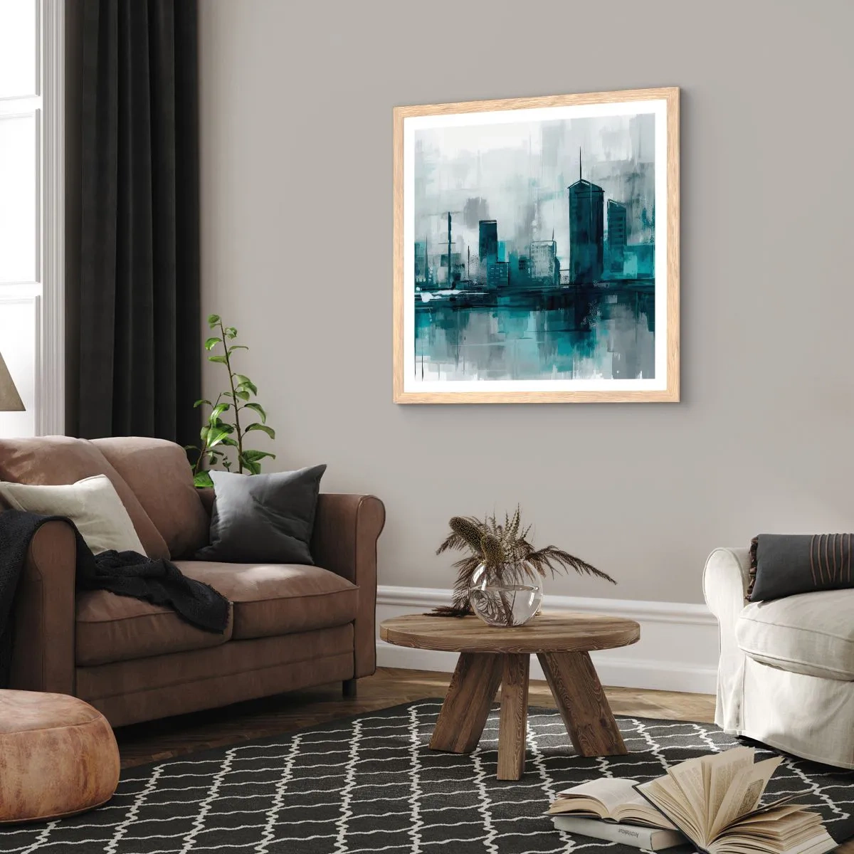 Póster en marco roble claro - Ciudad color lluvia - 50x50 cm