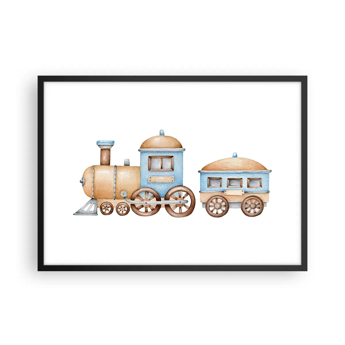 Póster en marco negro - Dibujo de un tren en tonos pastel sobre fondo blanco. - 70x50cm - De pie en la estación... - Decoración de pared moderna para salón y dormitorio ARTTOR