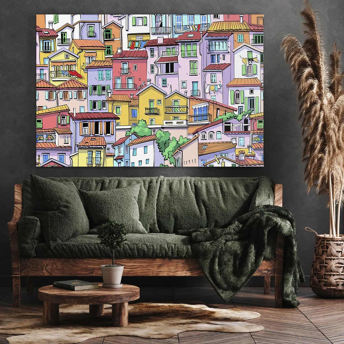 Cuadro sobre lienzo - Impresión de Imagen - Casas de vecindad coloridas en un estilo animado y alegre - 120x80cm - Ciudad alegre - Decoración de pared moderna para salón y dormitorio ARTTOR