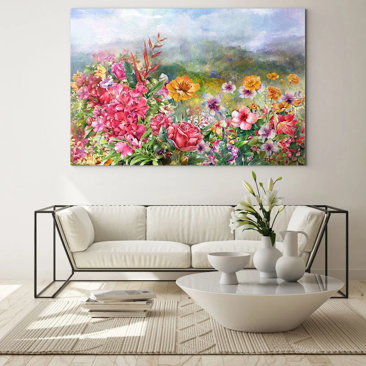 Cuadro sobre vidrio - Impresiones sobre Vidrio - Un ramo de flores de colores sobre un paisaje pintoresco. - 100x70cm - Un jardín enloquecido - Decoración de pared moderna para salón y dormitorio ARTTOR