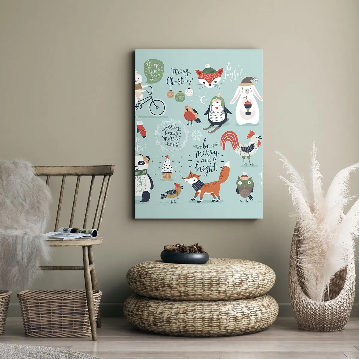 Cuadro sobre lienzo - Impresión de Imagen - Ilustración navideña de animales en un ambiente invernal. - 50x70cm - ¡Que siempre sea Navidad! - Decoración de pared moderna para salón y dormitorio ARTTOR