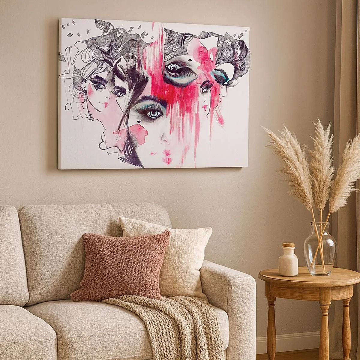 Cuadro sobre lienzo - Impresión de Imagen - Rostro abstracto en tonos rosa y negro. - 70x50cm - Ojos abstractos - Decoración de pared moderna para salón y dormitorio ARTTOR