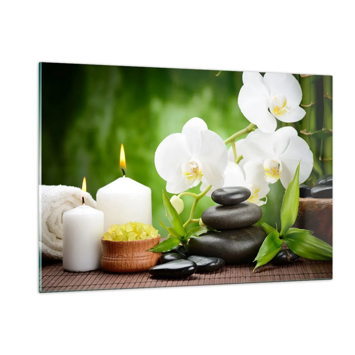 Cuadro sobre vidrio - Impresiones sobre Vidrio - Spa con orquídeas, piedras y velas sobre un fondo verde. - 120x80cm - Un toque fragante, floral y suave - Decoración de pared moderna para salón y dormitorio ARTTOR