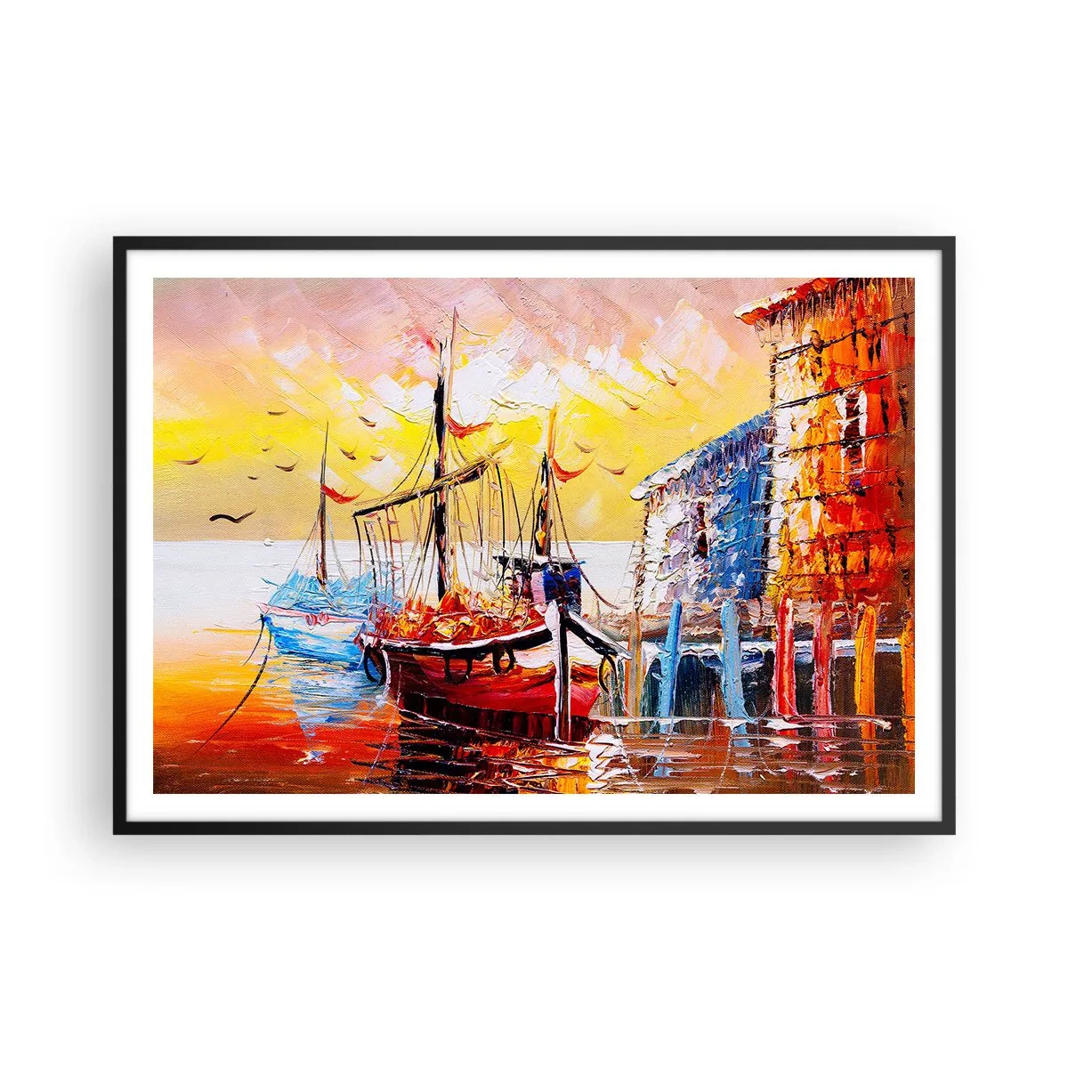 Póster en marco negro - Puerto pintoresco al atardecer con barcos de pesca - 100x70cm - Feliz regreso - Decoración de pared moderna para salón y dormitorio ARTTOR