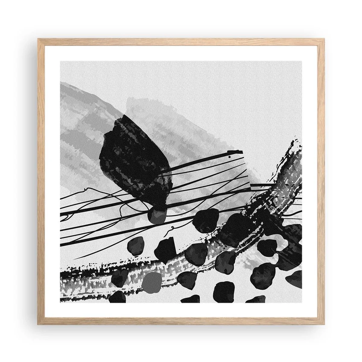Póster en marco roble claro - Abstracción orgánica en blanco y negro - 60x60 cm