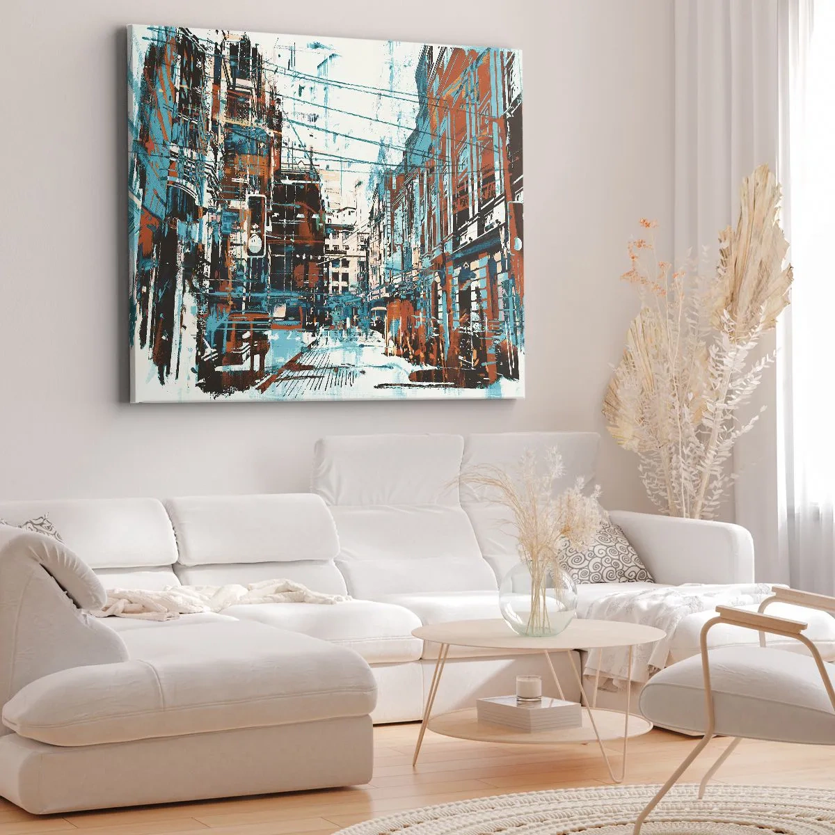 Cuadro sobre lienzo - Impresión de Imagen - Un paisaje urbano en tonos azules y naranjas. - 70x50cm - El sendero de la ciudad - Decoración de pared moderna para salón y dormitorio ARTTOR