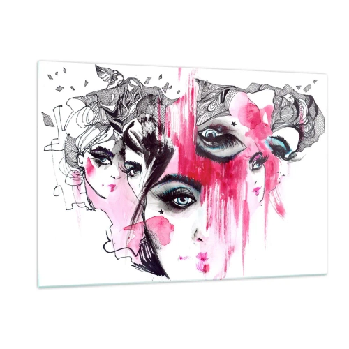 Cuadro sobre vidrio - Impresiones sobre Vidrio - Rostros femeninos abstractos con acentos rosas en un estilo de boceto. - 120x80cm - Ojos abstractos - Decoración de pared moderna para salón y dormitorio ARTTOR