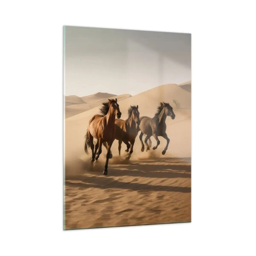 Cuadro sobre vidrio - Impresiones sobre Vidrio - Una manada de caballos al galope en el desierto entre las dunas de arena. - 50x70cm - Libre como el viento - Decoración de pared moderna para salón y dormitorio ARTTOR