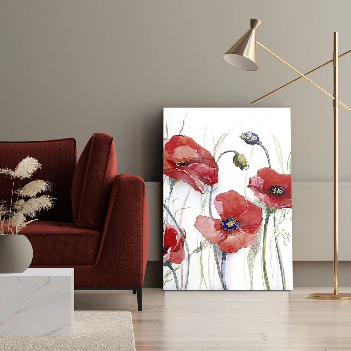 Cuadro sobre lienzo - Impresión de Imagen - Amapolas de acuarela sobre un fondo delicado - 50x70cm - Flores polacas - Decoración de pared moderna para salón y dormitorio ARTTOR