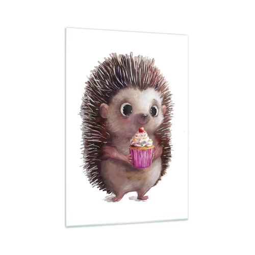 Cuadro sobre vidrio - Impresiones sobre Vidrio - Un lindo erizo con una magdalena. - 70x100cm - La celebración es diaria - Decoración de pared moderna para salón y dormitorio ARTTOR