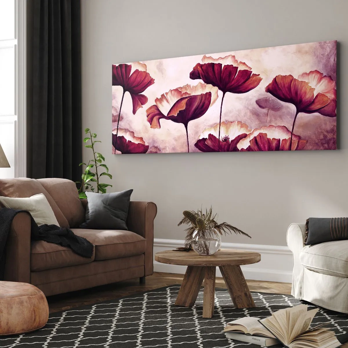 Cuadro sobre lienzo - Impresión de Imagen - Flores en tonos rojos y blancos sobre un fondo sutil. - 120x50cm - Pétalo rojo y blanco - Decoración de pared moderna para salón y dormitorio ARTTOR