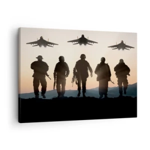 Cuadro sobre lienzo - Impresión de Imagen - Siluetas de soldados y aviones de combate contra el fondo del atardecer. - 70x50cm - Bienvenido a nuestro mundo - Decoración de pared moderna para salón y dormitorio ARTTOR