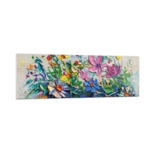 Cuadro sobre vidrio - Impresiones sobre Vidrio - Un colorido ramo de flores pintado con la técnica del empaste. - 160x50cm - La energía de las flores - Decoración de pared moderna para salón y dormitorio ARTTOR