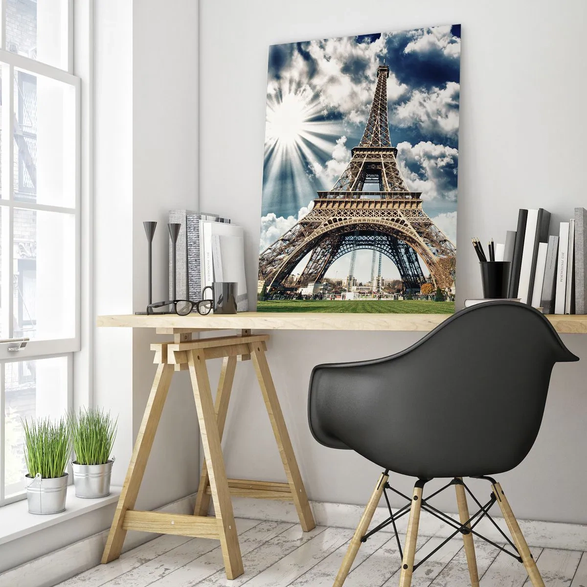 Cuadro sobre vidrio - Impresiones sobre Vidrio - La Torre Eiffel contra un cielo soleado con nubes. - 80x120cm - Única bajo el sol - Decoración de pared moderna para salón y dormitorio ARTTOR