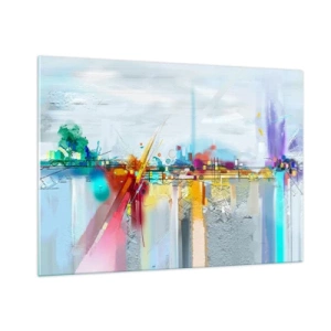 Cuadro sobre vidrio - Impresiones sobre Vidrio - Puente abstracto en colores vibrantes sobre un río con fondo pastel - 100x70cm - Un puente de alegría sobre el río de la vida - Decoración de pared moderna para salón y dormitorio ARTTOR