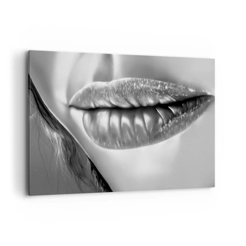 Cuadro sobre lienzo - Impresión de Imagen - Primer plano en blanco y negro de los labios de una mujer con efecto brillante y detalles. - 100x70cm - Sé lo que estás pensando... - Decoración de pared moderna para salón y dormitorio ARTTOR