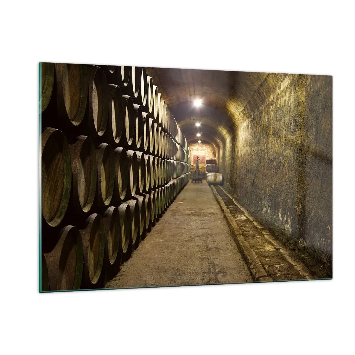 Cuadro sobre vidrio - Impresiones sobre Vidrio - Bodega con hileras de barricas - 120x80cm - El placer  - Decoración de pared moderna para salón y dormitorio ARTTOR
