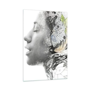 Cuadro sobre vidrio - Impresiones sobre Vidrio - Perfil de una mujer en un collage artístico de naturaleza y negritud. - 80x120cm - Inmersión en la naturaleza - Decoración de pared moderna para salón y dormitorio ARTTOR