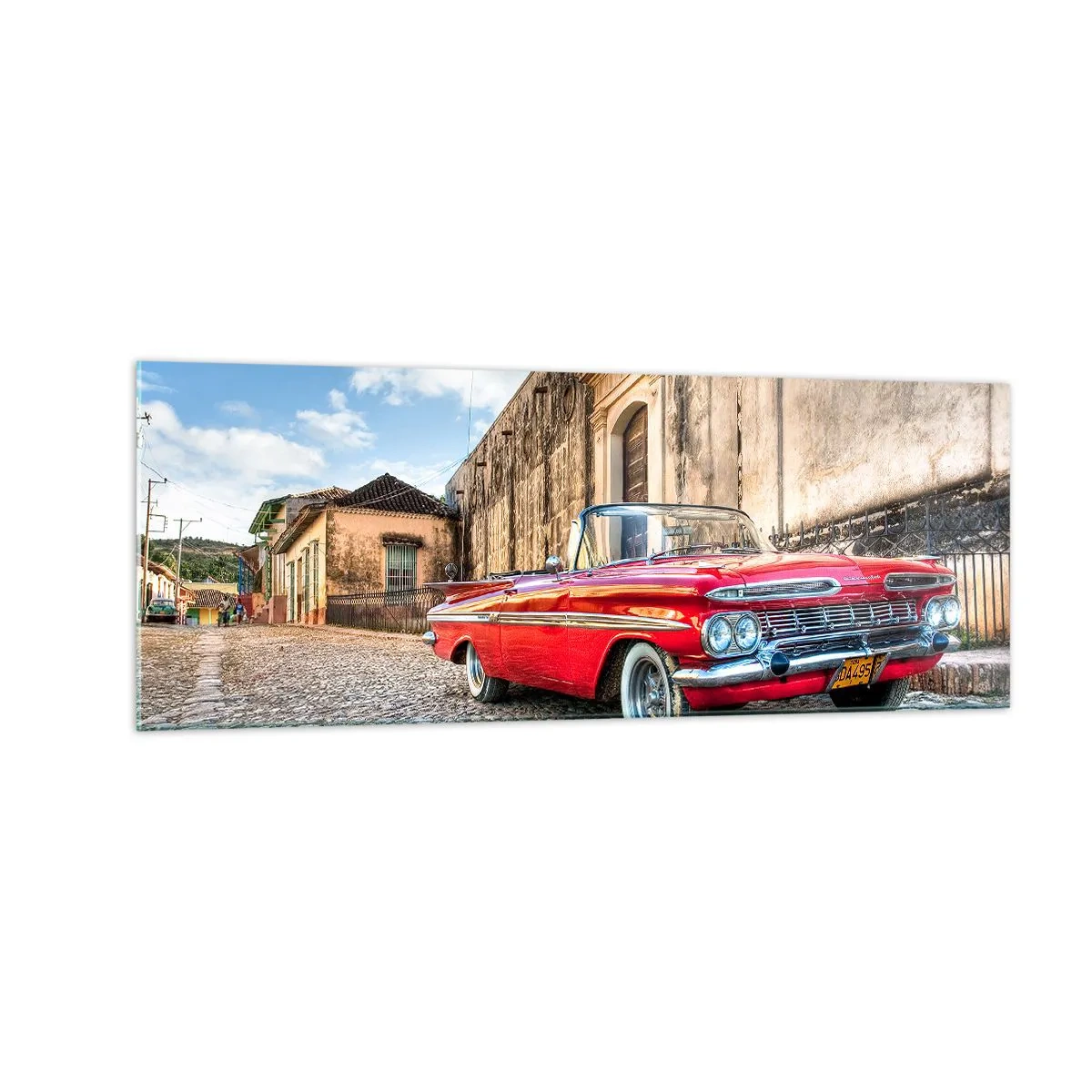 Cuadro sobre vidrio - Impresiones sobre Vidrio - Coche clásico rojo en una calle adoquinada - 140x50cm - Emociones cubanas - Decoración de pared moderna para salón y dormitorio ARTTOR