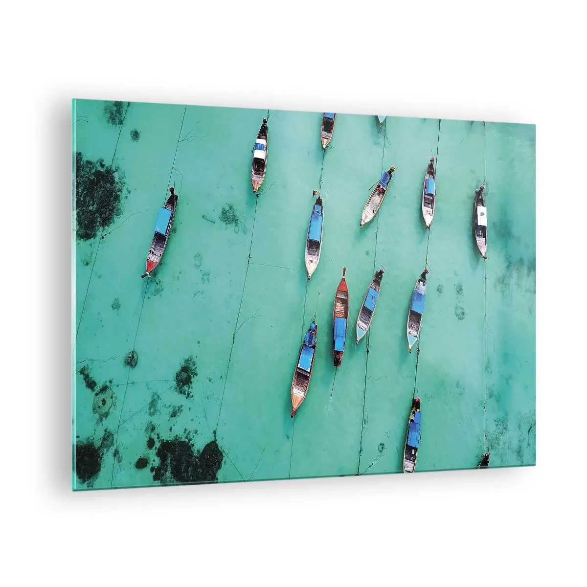 Cuadro sobre vidrio - Impresiones sobre Vidrio - Barcos en aguas turquesas vistos desde arriba - 70x50cm - En alegre espera - Decoración de pared moderna para salón y dormitorio ARTTOR