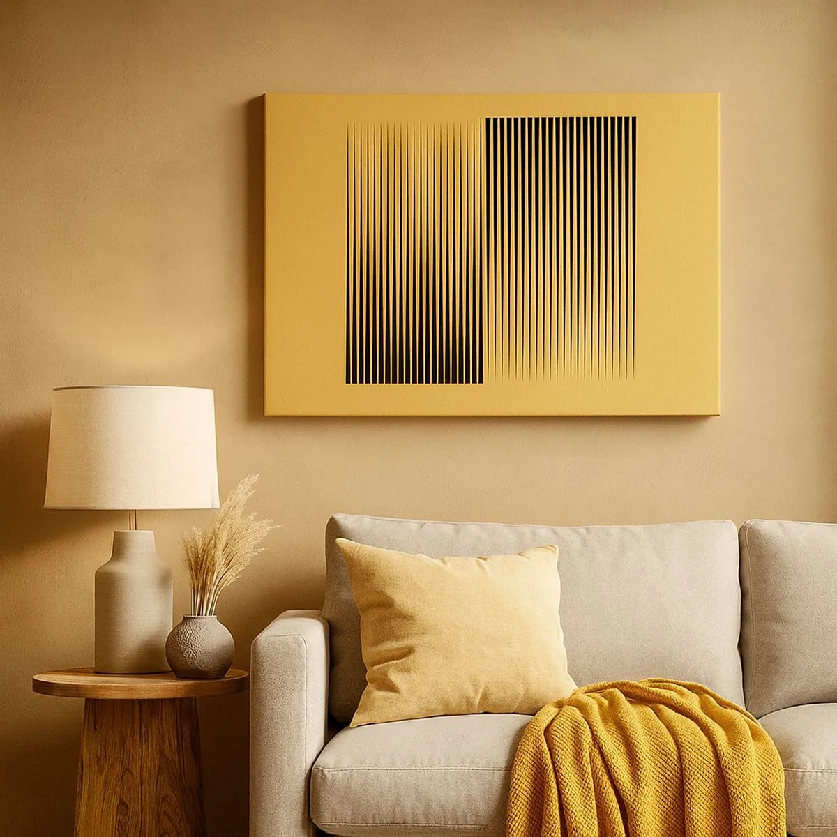 Cuadro sobre lienzo - Impresión de Imagen - Líneas negras verticales sobre un fondo amarillo - 70x50cm - Cuadrado de opuestos - Decoración de pared moderna para salón y dormitorio ARTTOR