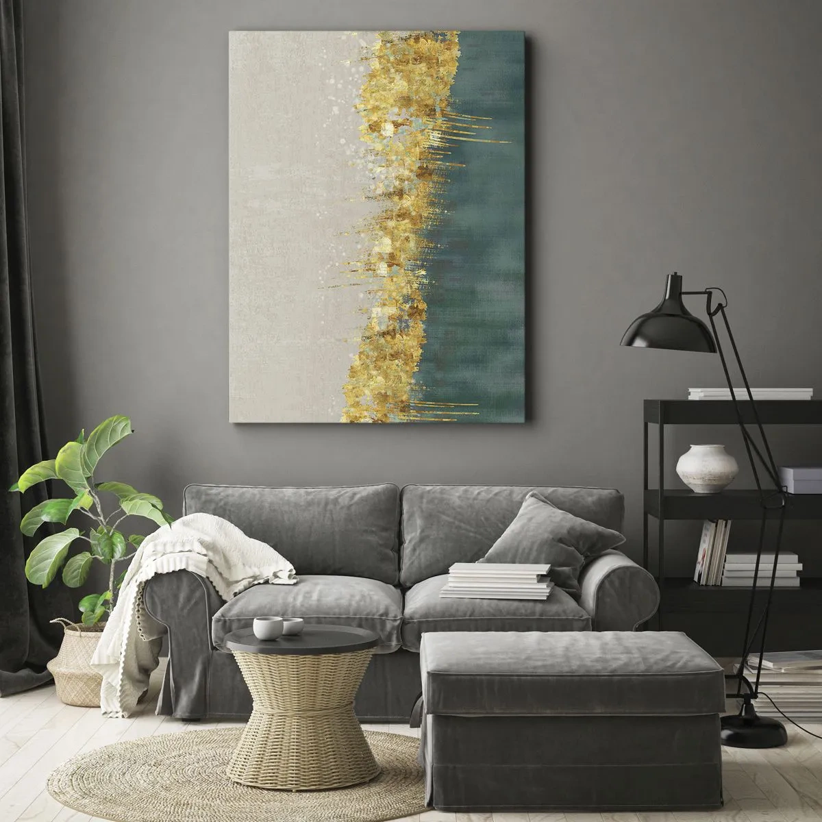 Cuadro sobre lienzo - Impresión de Imagen - Acentos dorados sobre un fondo verde-beige. - 80x120cm - La frontera dorada - Decoración de pared moderna para salón y dormitorio ARTTOR