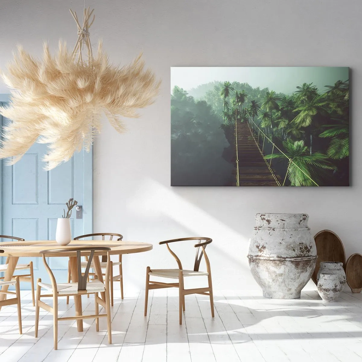 Cuadro sobre lienzo - Impresión de Imagen - Un puente colgante en un bosque tropical rodeado de niebla. - 120x80cm - Sobre un mar de verde - Decoración de pared moderna para salón y dormitorio ARTTOR