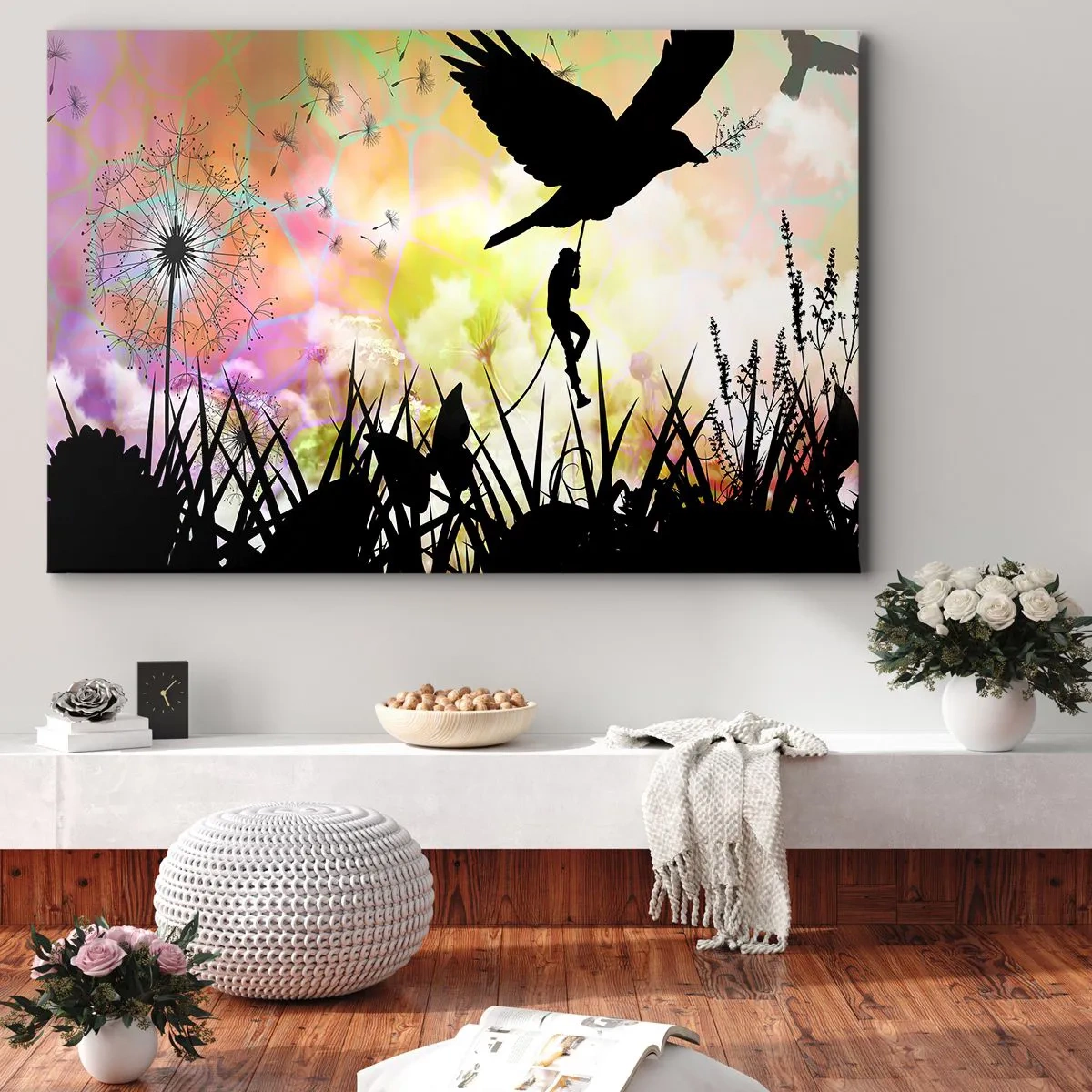 Cuadro sobre lienzo - Impresión de Imagen - Silueta de naturaleza con un pájaro y un diente de león. - 70x50cm - En un ambiente de cuento de hadas - Decoración de pared moderna para salón y dormitorio ARTTOR