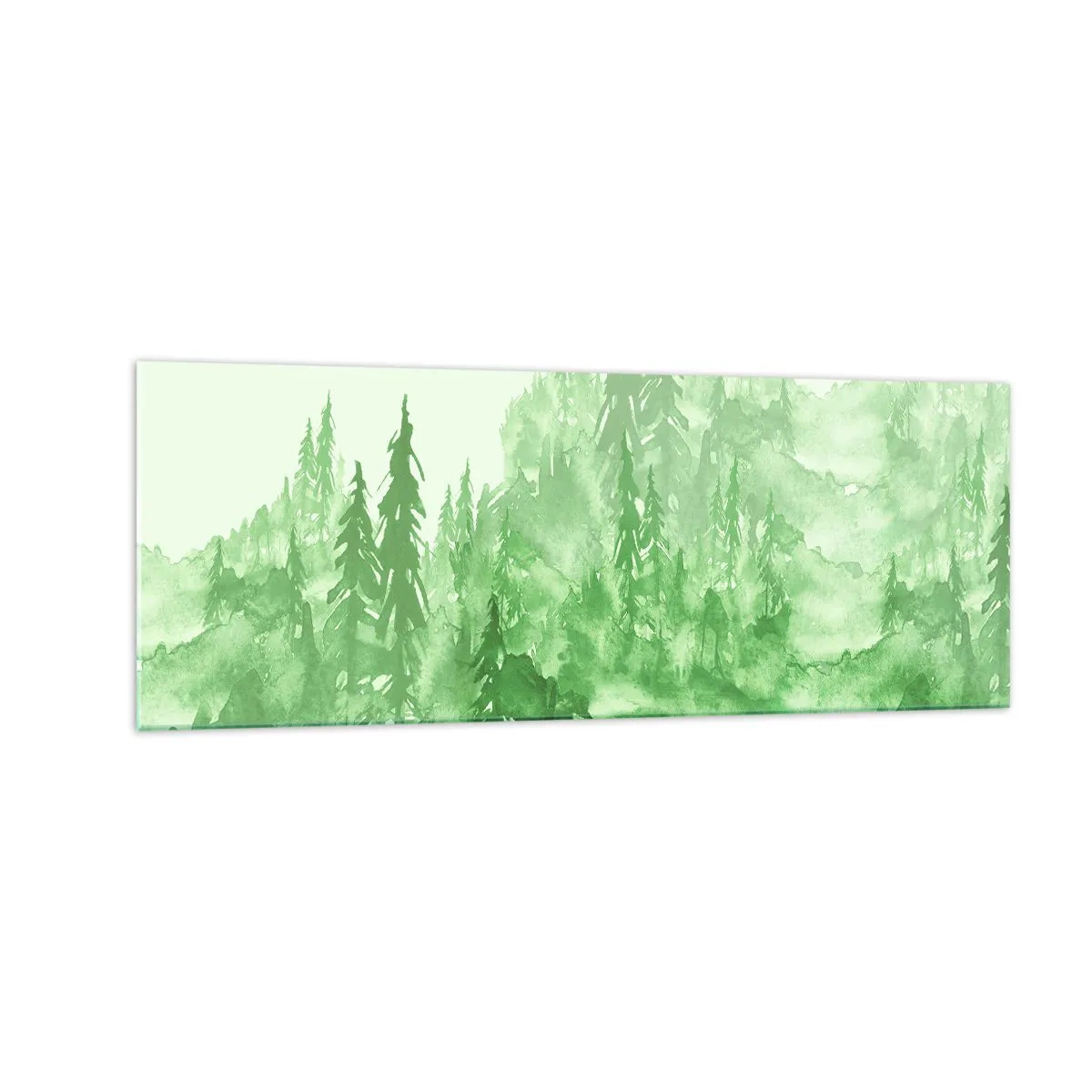 Cuadro sobre vidrio - Impresiones sobre Vidrio - Bosque verde en estilo acuarela sobre un fondo claro - 140x50cm - Difuminado con niebla verde - Decoración de pared moderna para salón y dormitorio ARTTOR