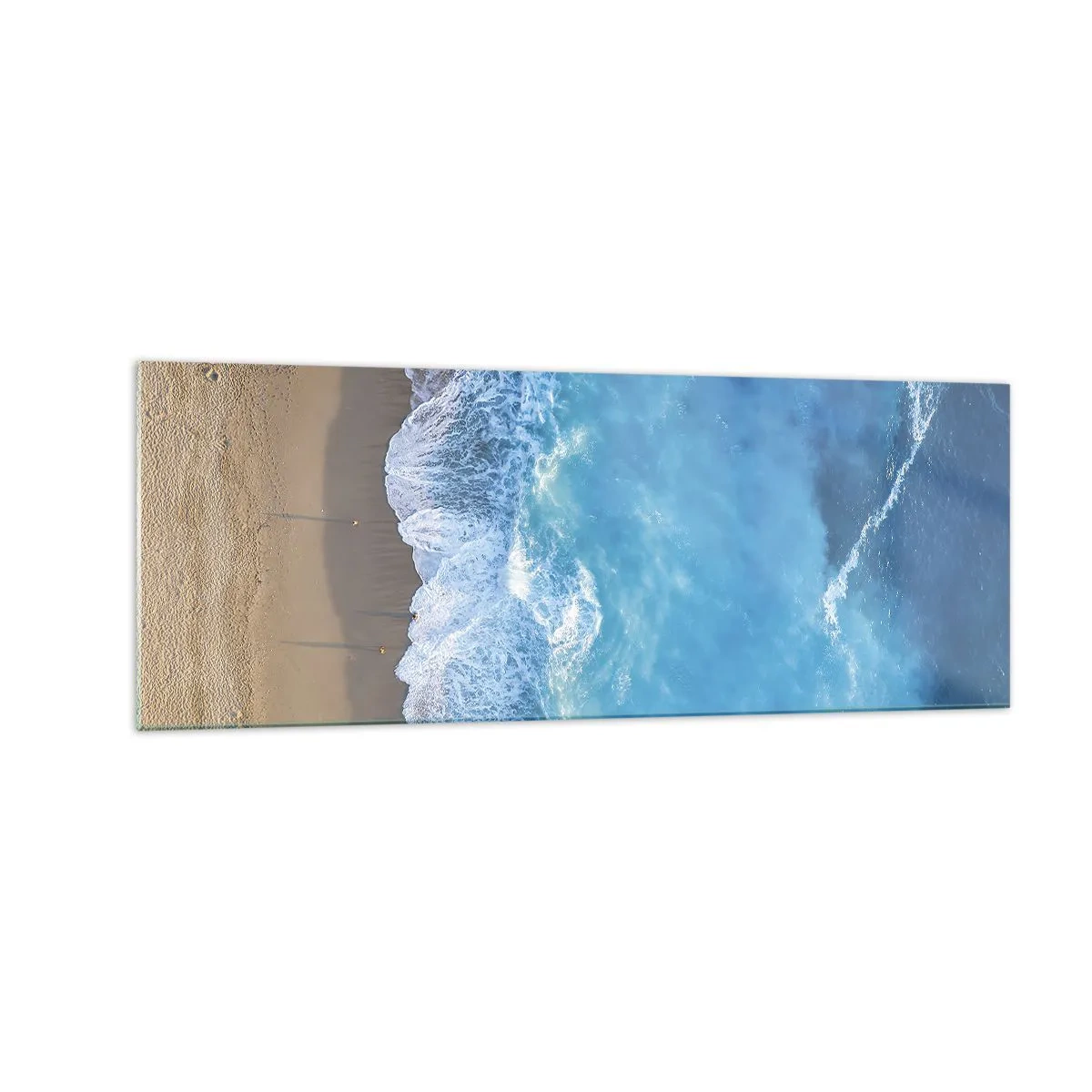 Cuadro sobre vidrio - Impresiones sobre Vidrio - Una vista de pájaro de la playa y las olas del mar. - 140x50cm - El poder del azul - Decoración de pared moderna para salón y dormitorio ARTTOR
