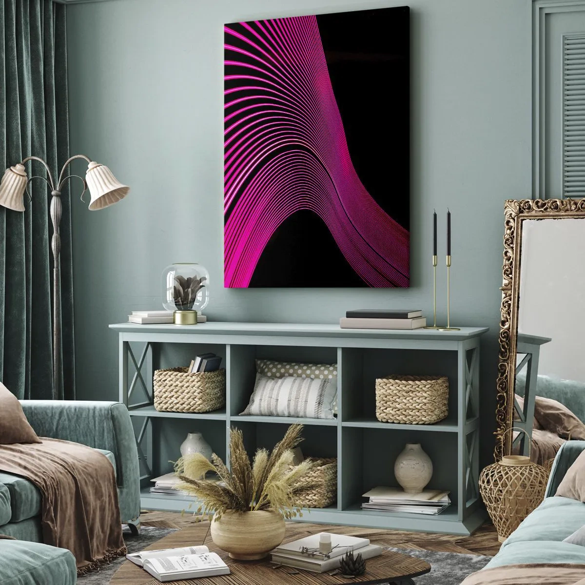 Cuadro sobre lienzo - Impresión de Imagen - Líneas futuristas en tonos rosa sobre fondo negro. - 70x100cm - Avenida de luz - Decoración de pared moderna para salón y dormitorio ARTTOR