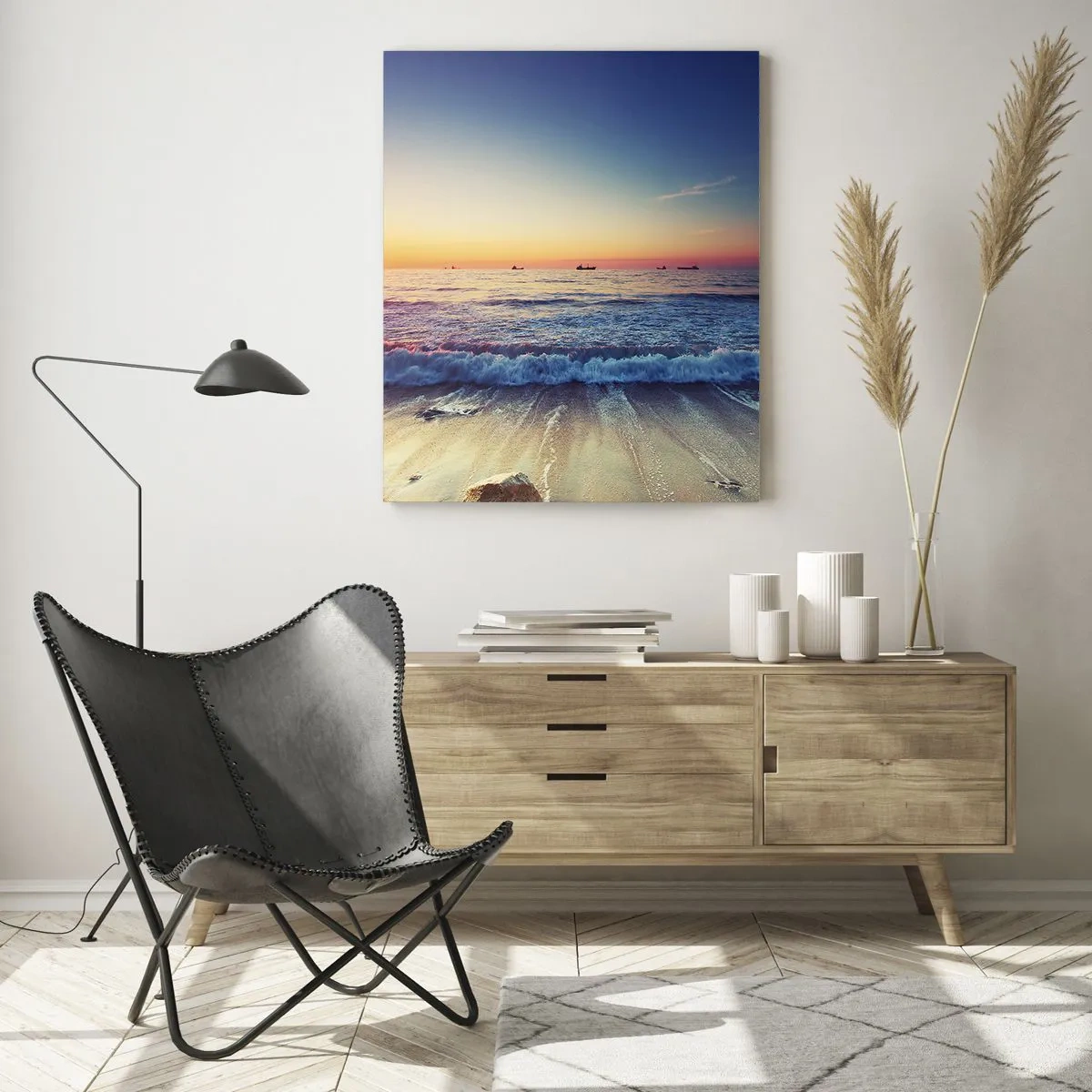 Cuadro sobre vidrio - Impresiones sobre Vidrio - Puesta de sol sobre un mar tranquilo con olas - 80x120cm - ¿Y qué hay tras el horizonte? - Decoración de pared moderna para salón y dormitorio ARTTOR