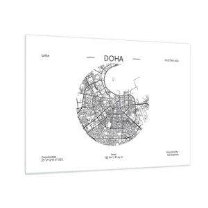 Cuadro sobre vidrio - Impresiones sobre Vidrio - Un mapa gráfico de Doha en un estilo minimalista en blanco y negro. - 70x50cm - Anatomía de Doha - Decoración de pared moderna para salón y dormitorio ARTTOR