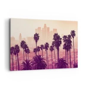 Cuadro sobre lienzo - Impresión de Imagen - Palmeras con el telón de fondo de un paisaje urbano en colores cálidos. - 120x80cm - El paisaje de California - Decoración de pared moderna para salón y dormitorio ARTTOR