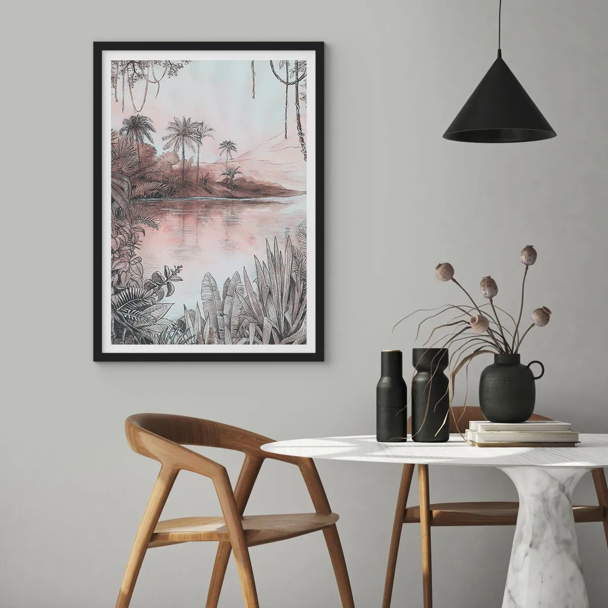 Póster en marco negro - Paisaje exótico junto al agua - 50x70cm - Diario de un explorador del siglo XIX - Decoración de pared moderna para salón y dormitorio ARTTOR