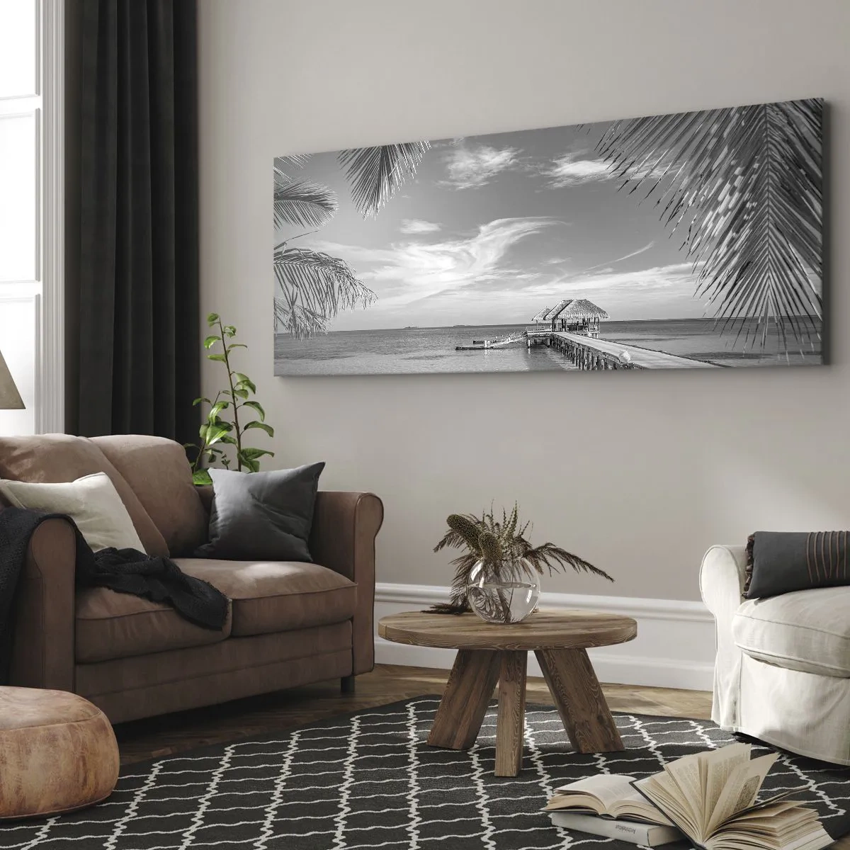 Cuadro sobre lienzo - Impresión de Imagen - Playa blanca y negra con muelle y palmeras en una costa tropical - 140x50cm - ¿Un recuerdo o un sueño? - Decoración de pared moderna para salón y dormitorio ARTTOR