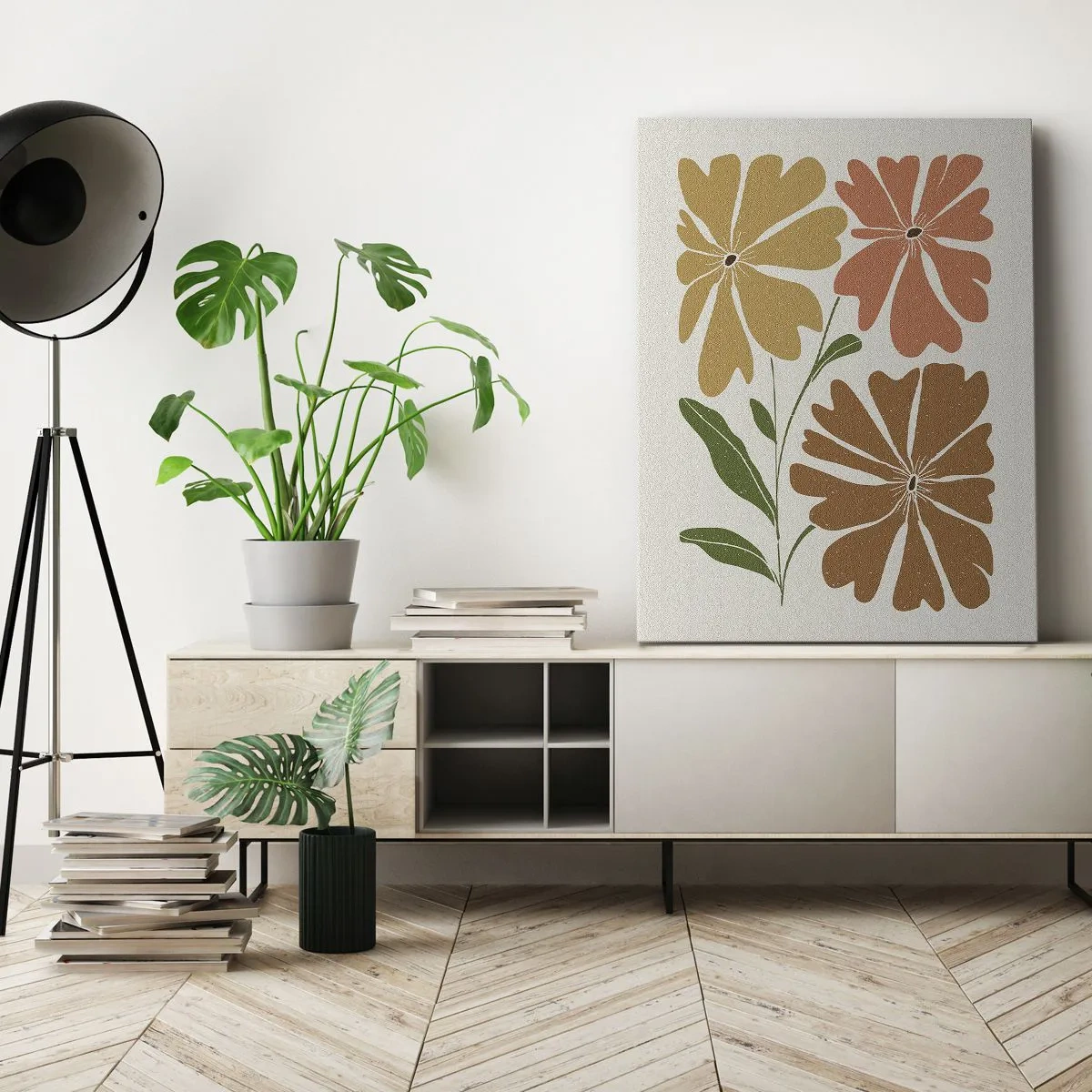 Cuadro sobre lienzo - Impresión de Imagen - Tres flores en colores cálidos sobre un fondo claro. - 50x70cm - Naturaleza y geometría - Decoración de pared moderna para salón y dormitorio ARTTOR