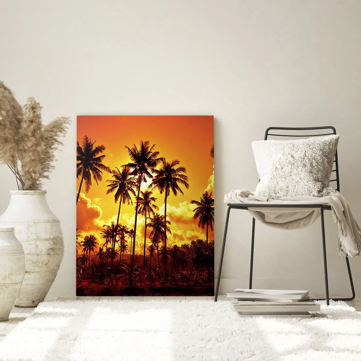Cuadro sobre vidrio - Impresiones sobre Vidrio - Palmeras contra un cielo dorado durante una puesta de sol tropical - 80x120cm - Las montañas arden, los bosques arden - Decoración de pared moderna para salón y dormitorio ARTTOR