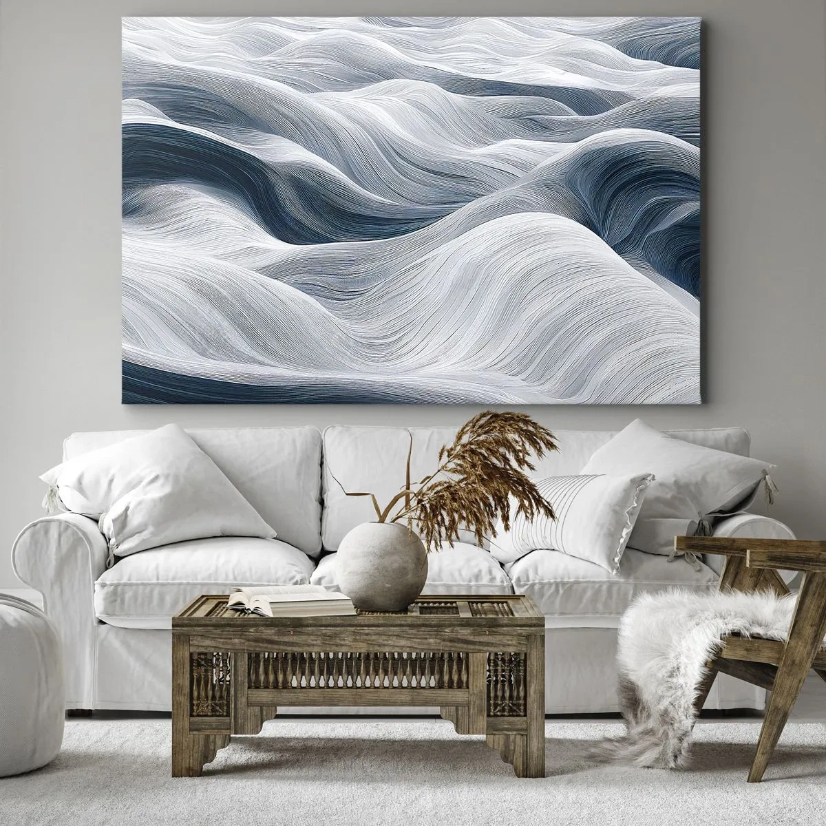Cuadro sobre lienzo - Impresión de Imagen - Líneas onduladas en tonos azules y blancos. - 70x50cm - Olas blancas y azules - Decoración de pared moderna para salón y dormitorio ARTTOR