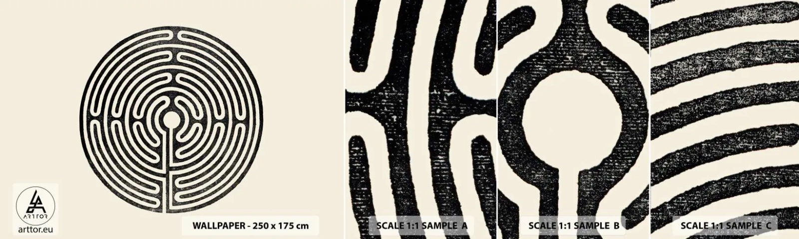 Muestra de fotomural autoadhesivo Deluxe Sticker - Orden misterioso - Laberinto, Minimalismo, En blanco y negro - 100x30 cm