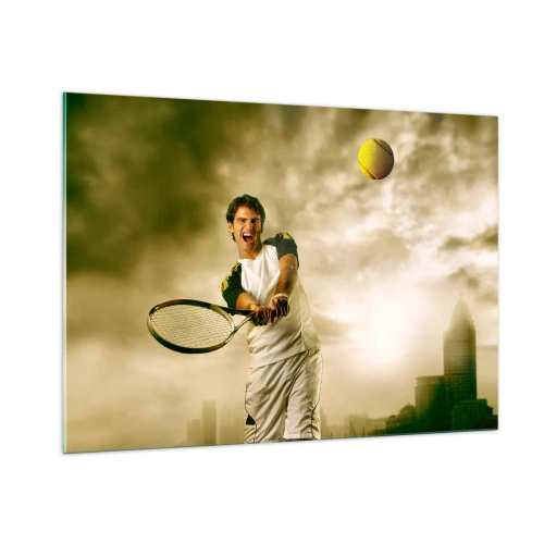 Cuadro sobre vidrio - Impresiones sobre Vidrio - Un jugador de tenis golpea la pelota con una ciudad como telón de fondo. - 100x70cm - Energía y alegría - Decoración de pared moderna para salón y dormitorio ARTTOR