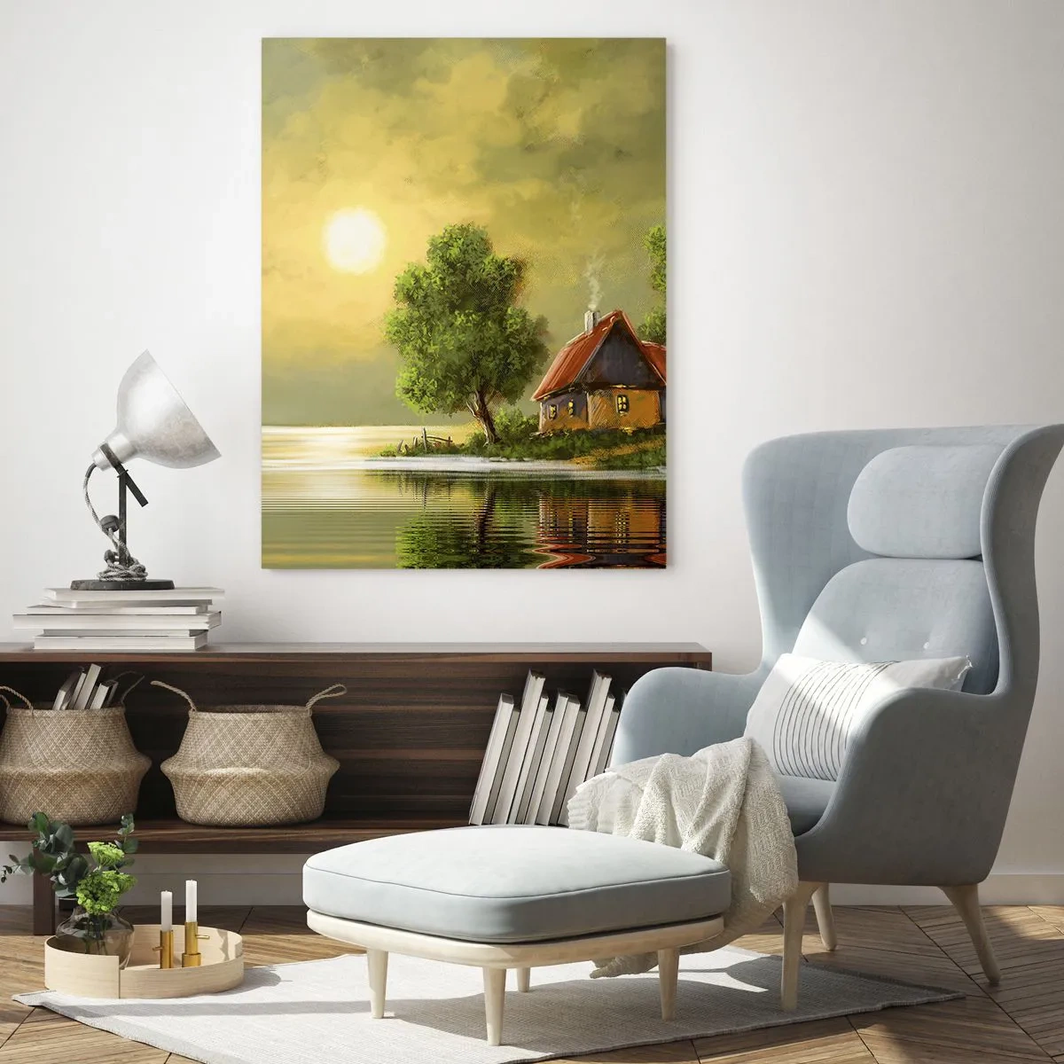 Cuadro sobre vidrio - Impresiones sobre Vidrio - Un paisaje pintoresco con una cabaña junto al lago al atardecer. - 50x70cm - Es hermoso, como salido de un cuadro - Decoración de pared moderna para salón y dormitorio ARTTOR